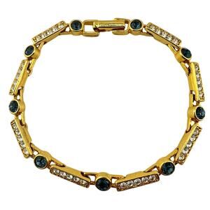 Premier Designs Rhinestone Crystal White Blue Gold Tone 6.75" Tennis Bracelet